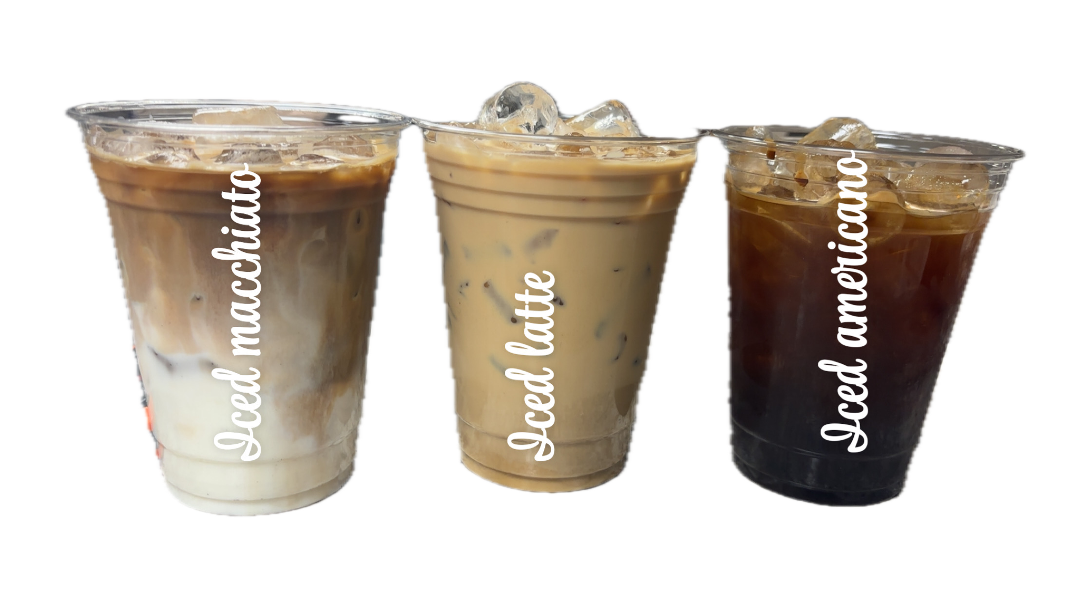 Three iced espresso drinks in Lily Bean cups